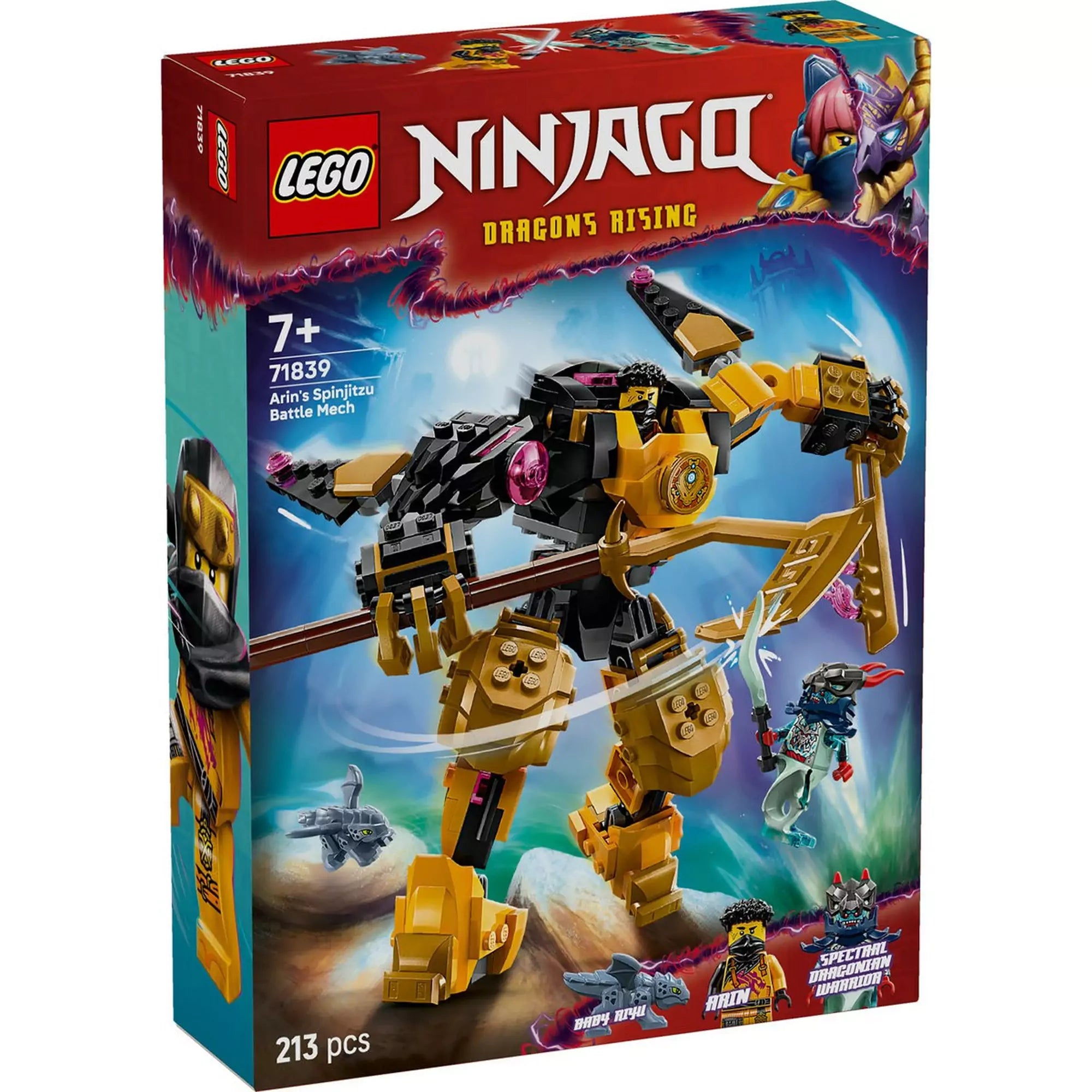 LEGO Ninjago: Arin Spinjitzu harci robotja (71839) készlet színes doboza, középpontban a sárga-fekete harci robottal és minifigurákkal.
