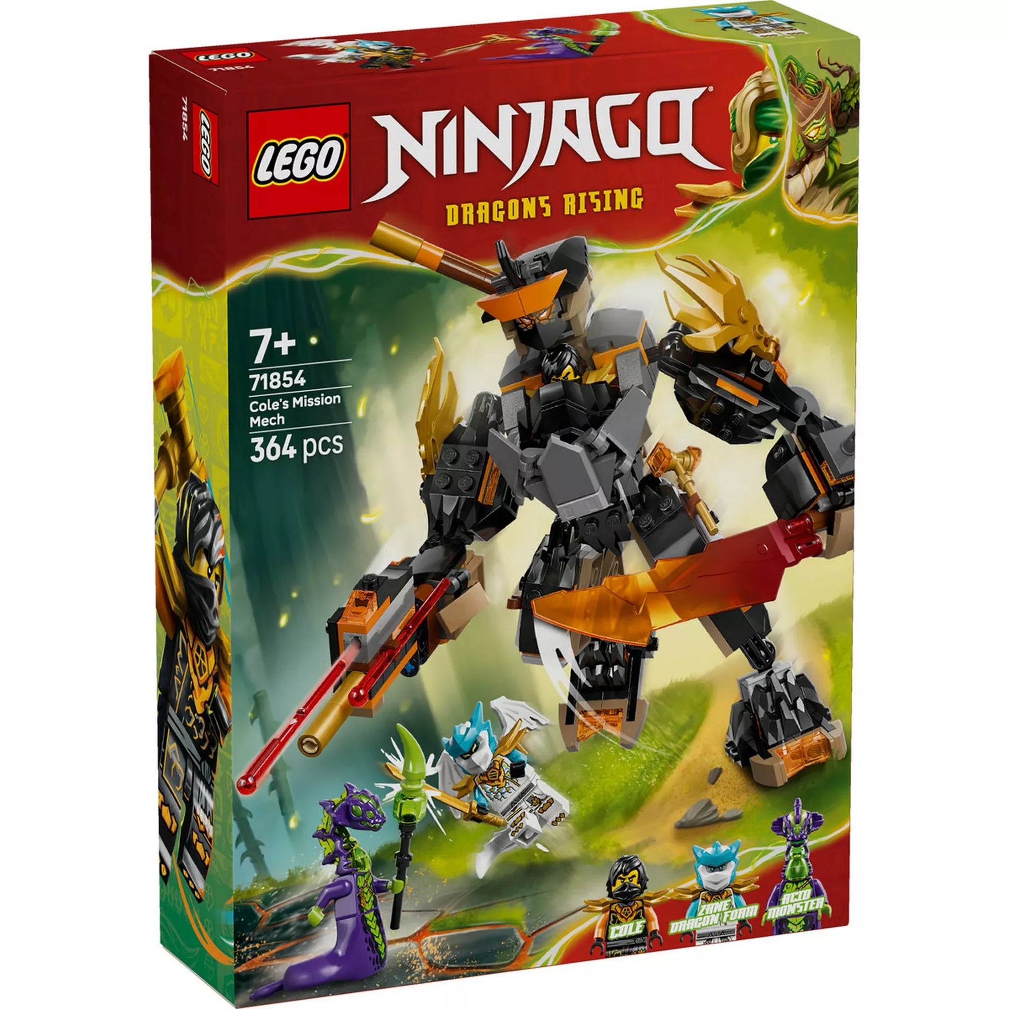 LEGO NINJAGO 71854 Cole’s Mission Mech dobozának elölnézete, a nagyméretű mech és az akciójelenet ábrázolásával.