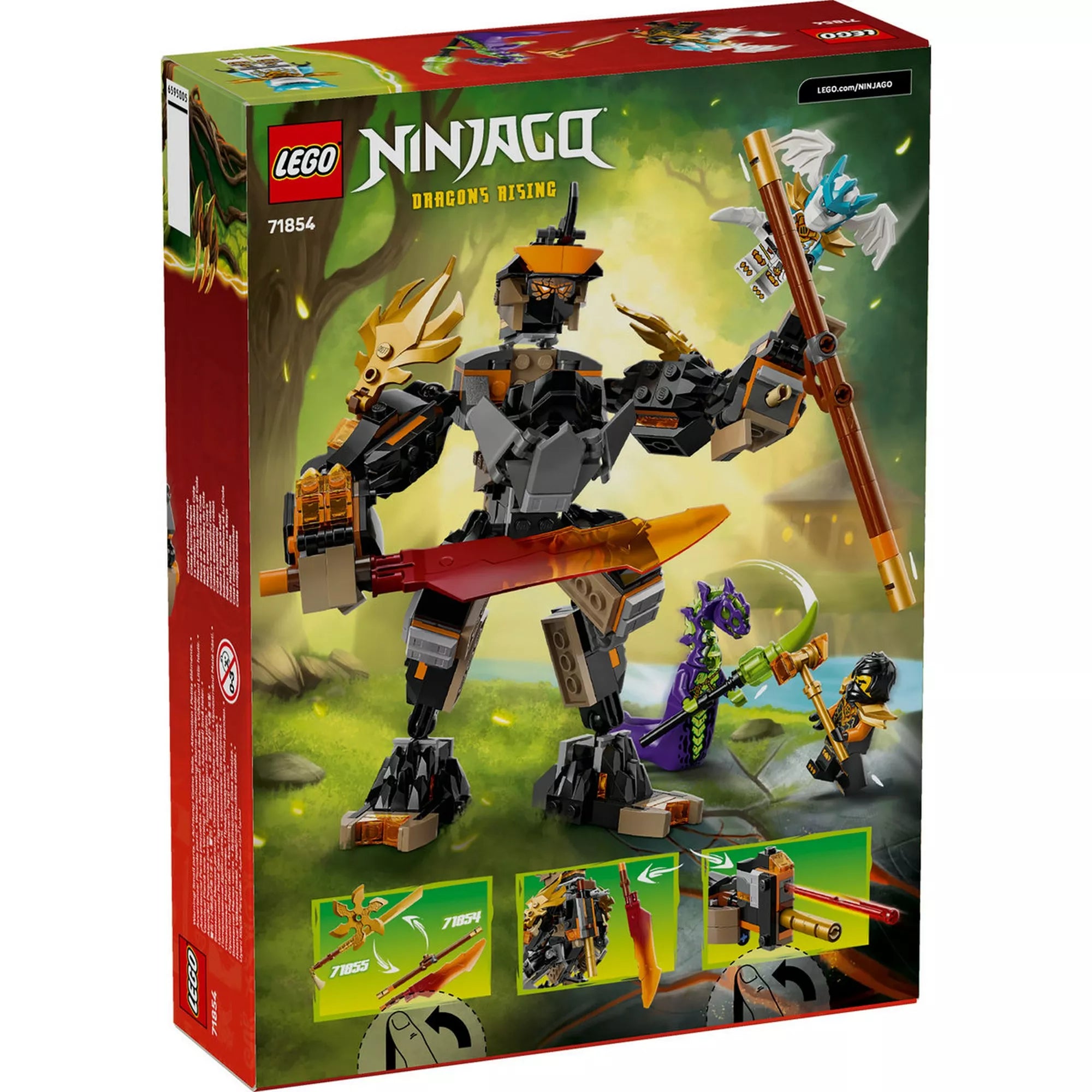 A LEGO NINJAGO 71854 készlet dobozának hátoldala, a mech fegyverei, mozgatható részei és játéklehetőségei bemutatásával.
