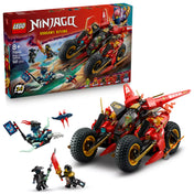 LEGO Ninjago: Harci nindzsajármű 71844 doboz és a teljesen összeállított jármű, körülötte a minifigurákkal.