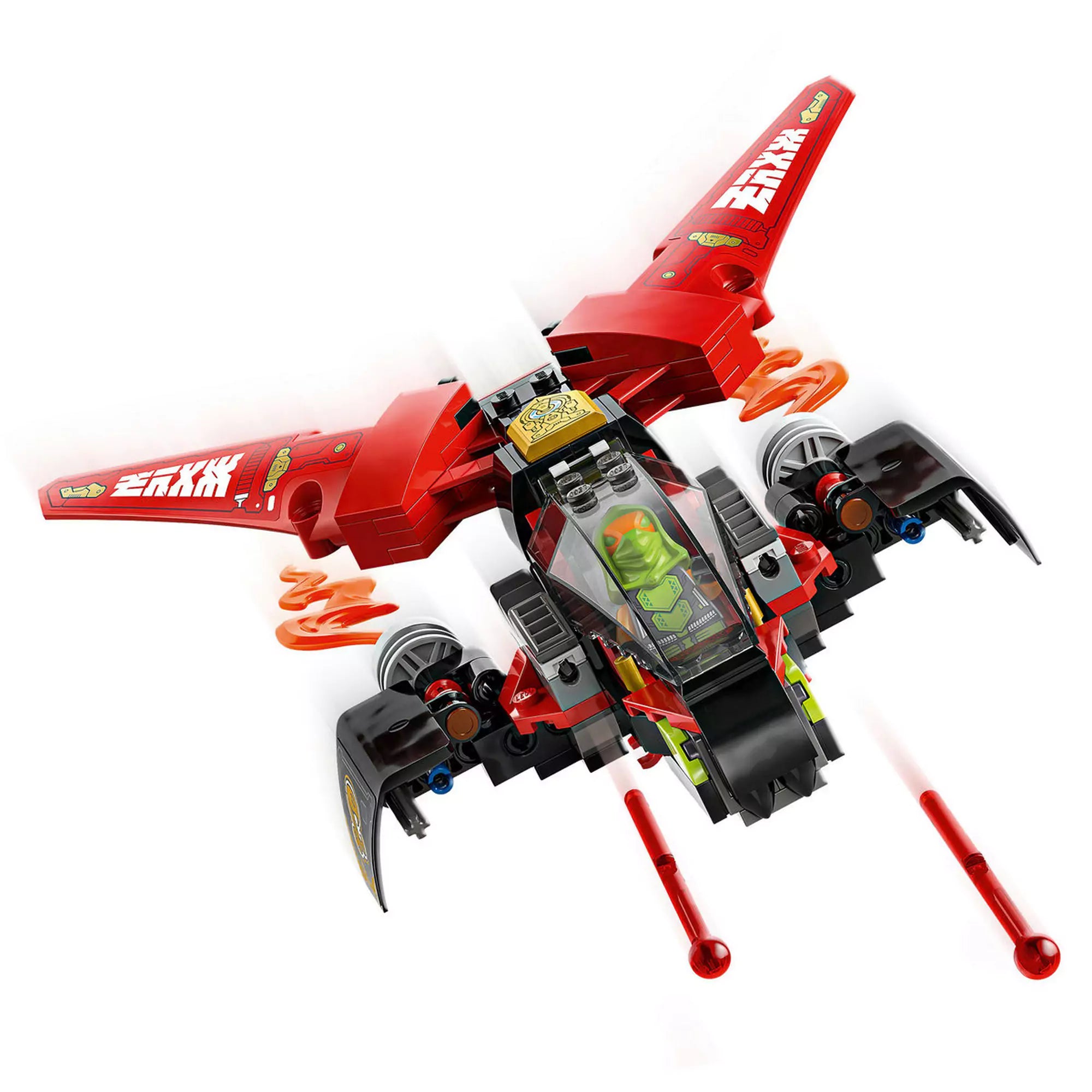 Közelkép a LEGO Ninjago: Harci nindzsajármű 71844 repülő egységéről pilótával és tüzes lövedékekkel.