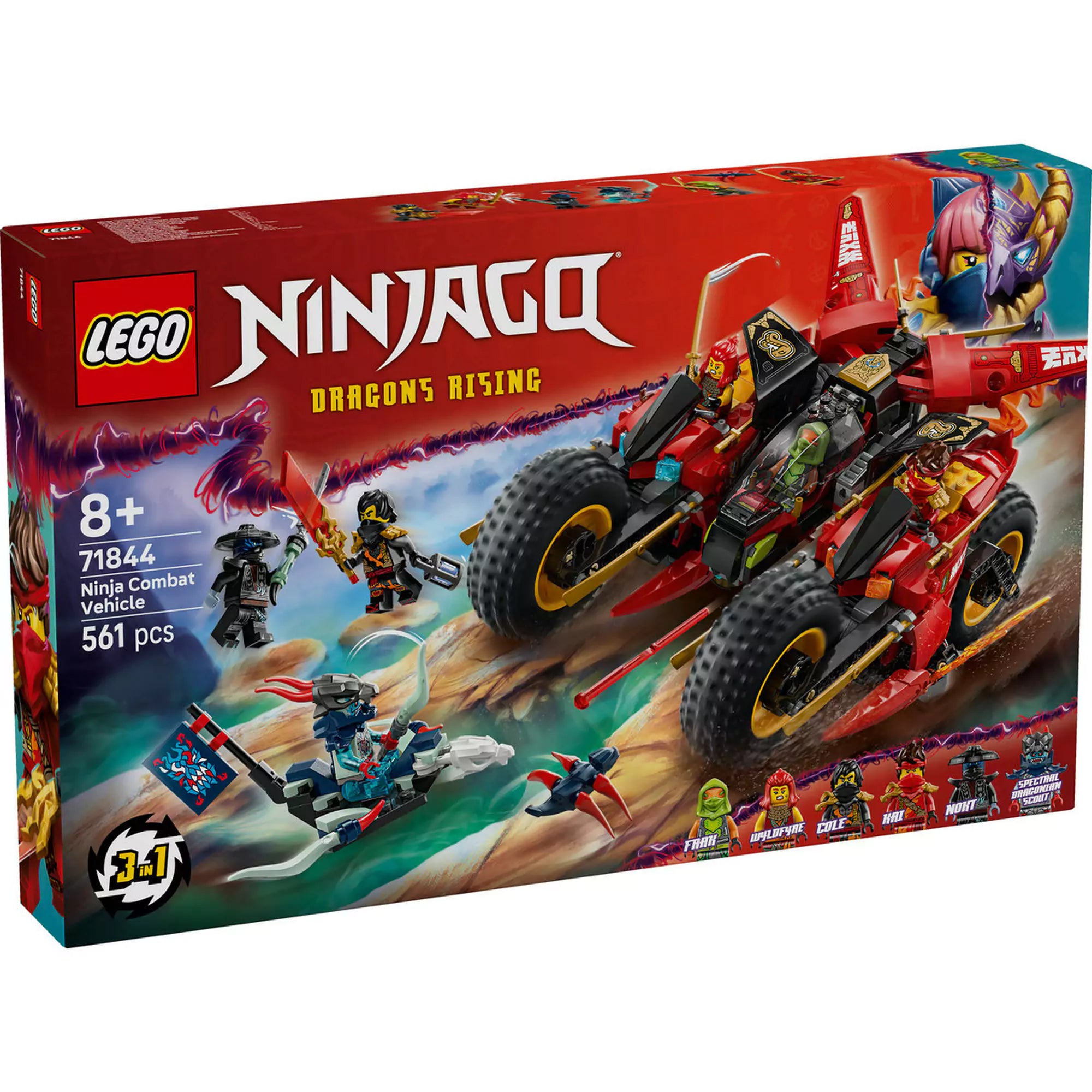 Dobozkép a LEGO Ninjago: Harci nindzsajármű 71844 készletről, amelyen a három az egyben jármű és a hat minifigura látható.
