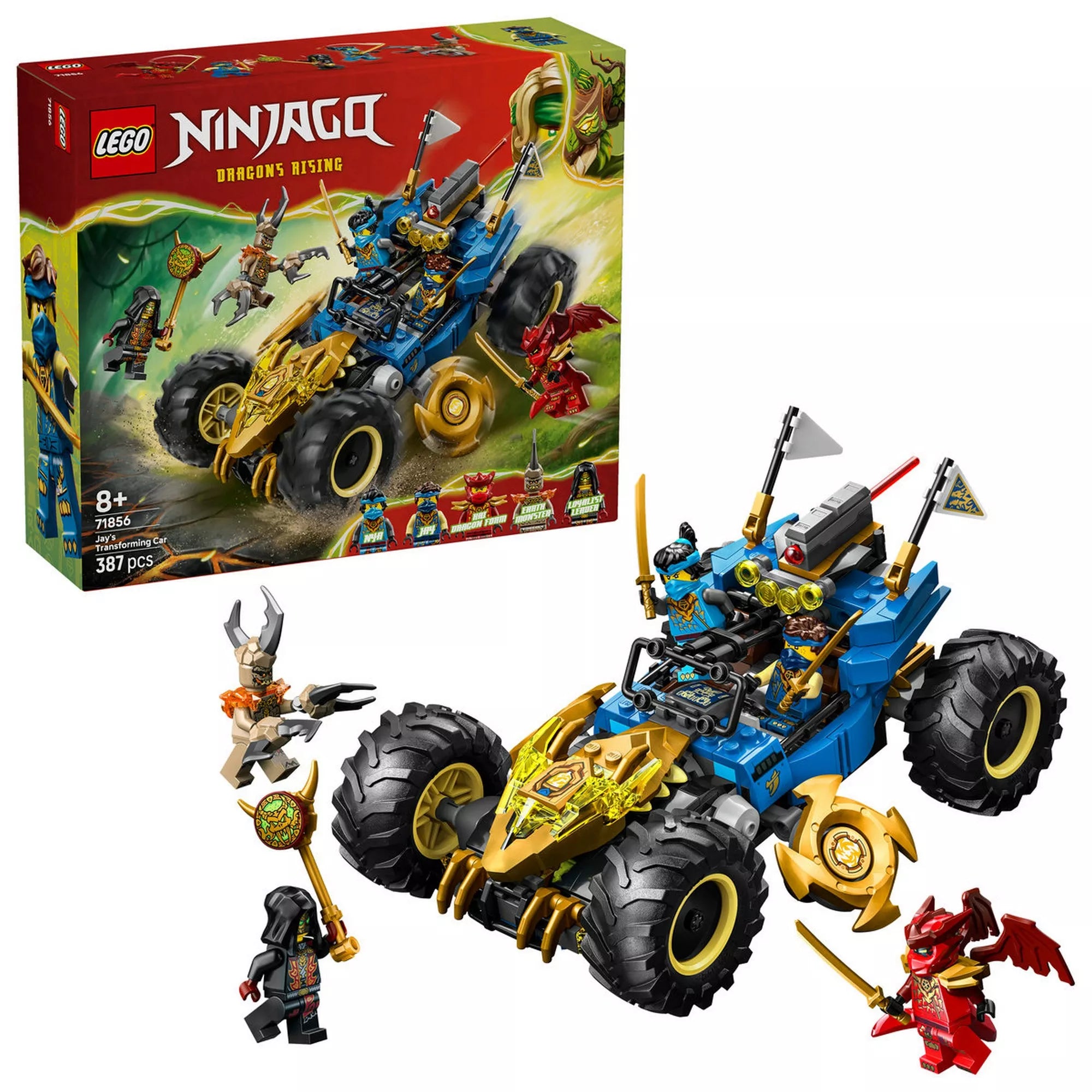 LEGO NINJAGO Jay átalakuló járműve (71856) doboza és a teljes készlet fehér háttéren, kék-arany színű terepjárművel, nagy kerekekkel, forgó pengékkel, zászlókkal és a mellékelt NINJAGO minifigurákkal.