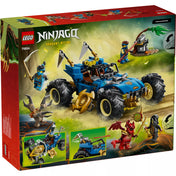 LEGO NINJAGO Jay átalakítható járműve (71856) hátoldali dobozképe, amely bemutatja a 2 az 1-ben funkciót, a sárkány módba alakítható járművet, a kilövőt, a melléképítményt és az összes NINJAGO minifigurát akció közben.