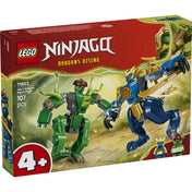 LEGO NINJAGO Jay csatája sárkánypáncélban 71853 dobozkép, Jay sárkányrobot és mutáns szörny robot harci jelenete.