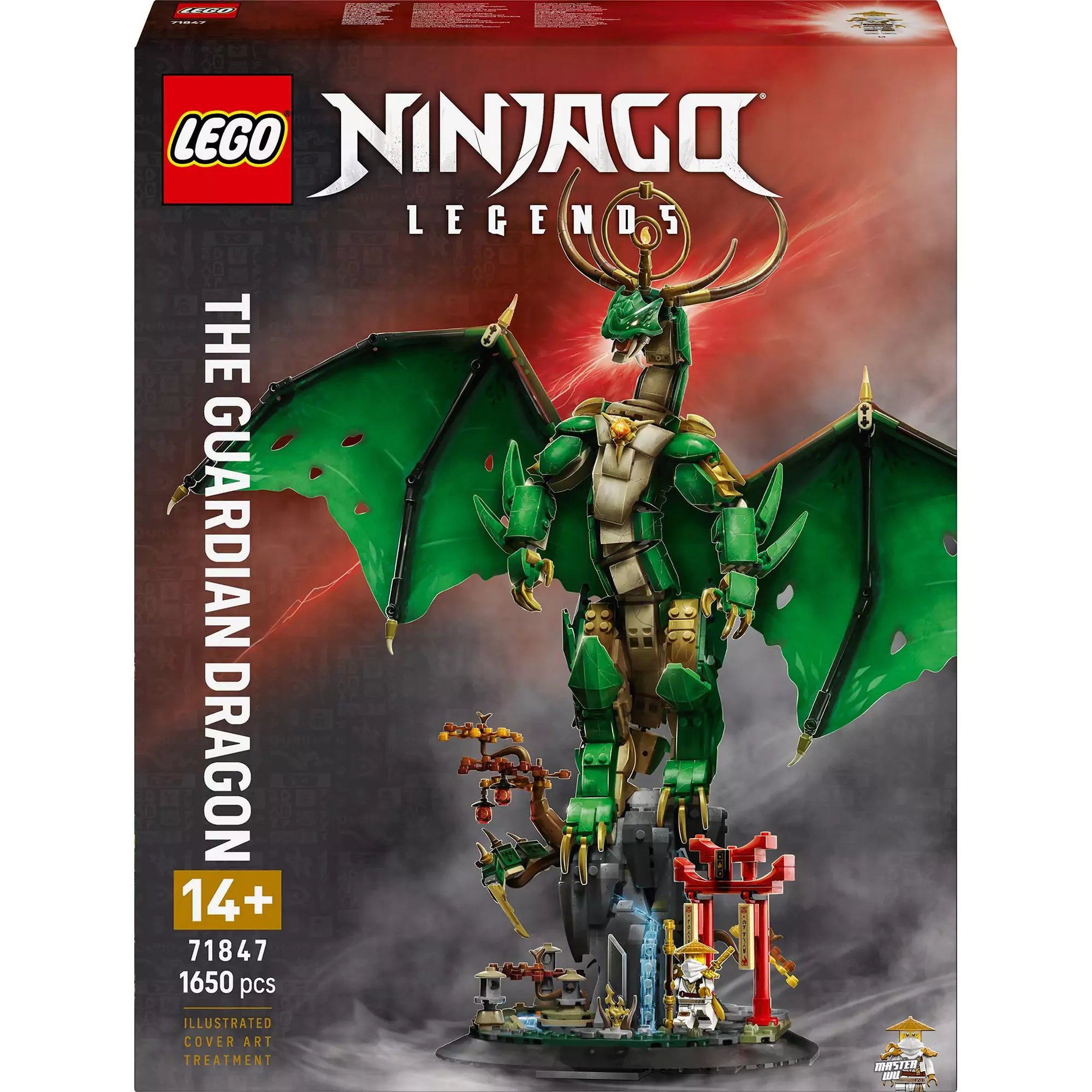  A LEGO NINJAGO Az Őrsárkány (71847) doboznézete elölről vörös háttérrel, a sárkány és dioráma teljes pompájában, 1650 elemet és a 14+ korosztályt jelölve.
