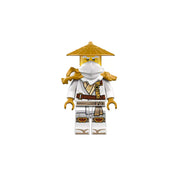 A LEGO NINJAGO Az Őrsárkány (71847) készlethez tartozó fehér ruhás, aranykalapos mester minifigura arany részletekkel és fegyverrel.