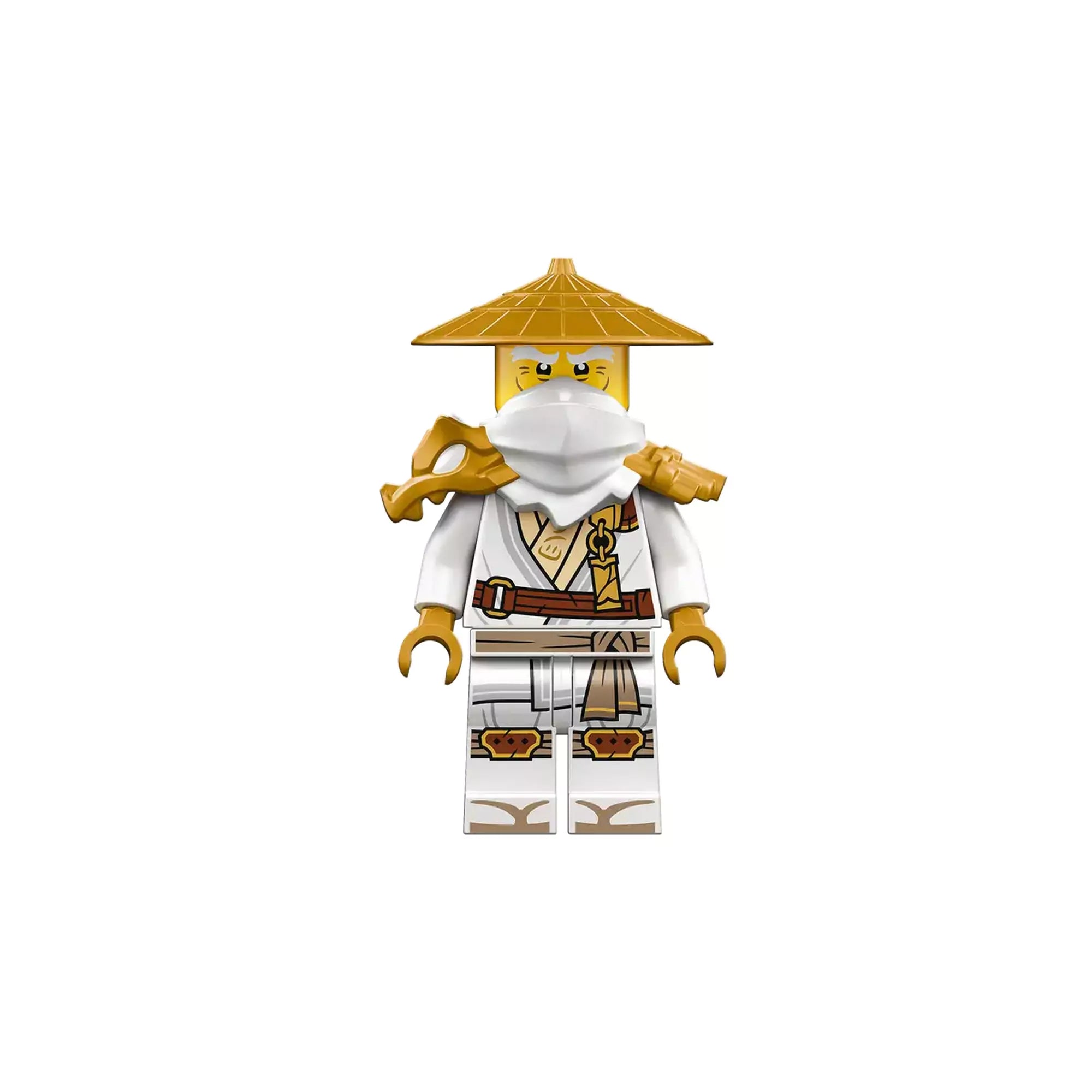 A LEGO NINJAGO Az Őrsárkány (71847) készlethez tartozó fehér ruhás, aranykalapos mester minifigura arany részletekkel és fegyverrel.
