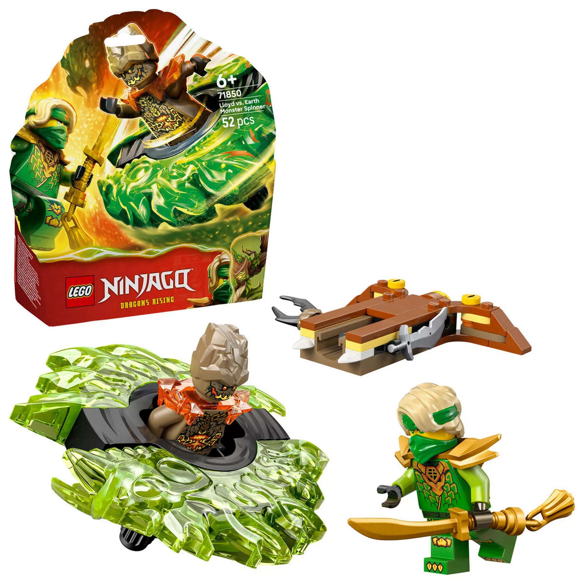 LEGO NINJAGO Dragons Rising 71850 készlet a dobozzal együtt, pörgettyűvel, indítóval és Lloyd minifigurával.