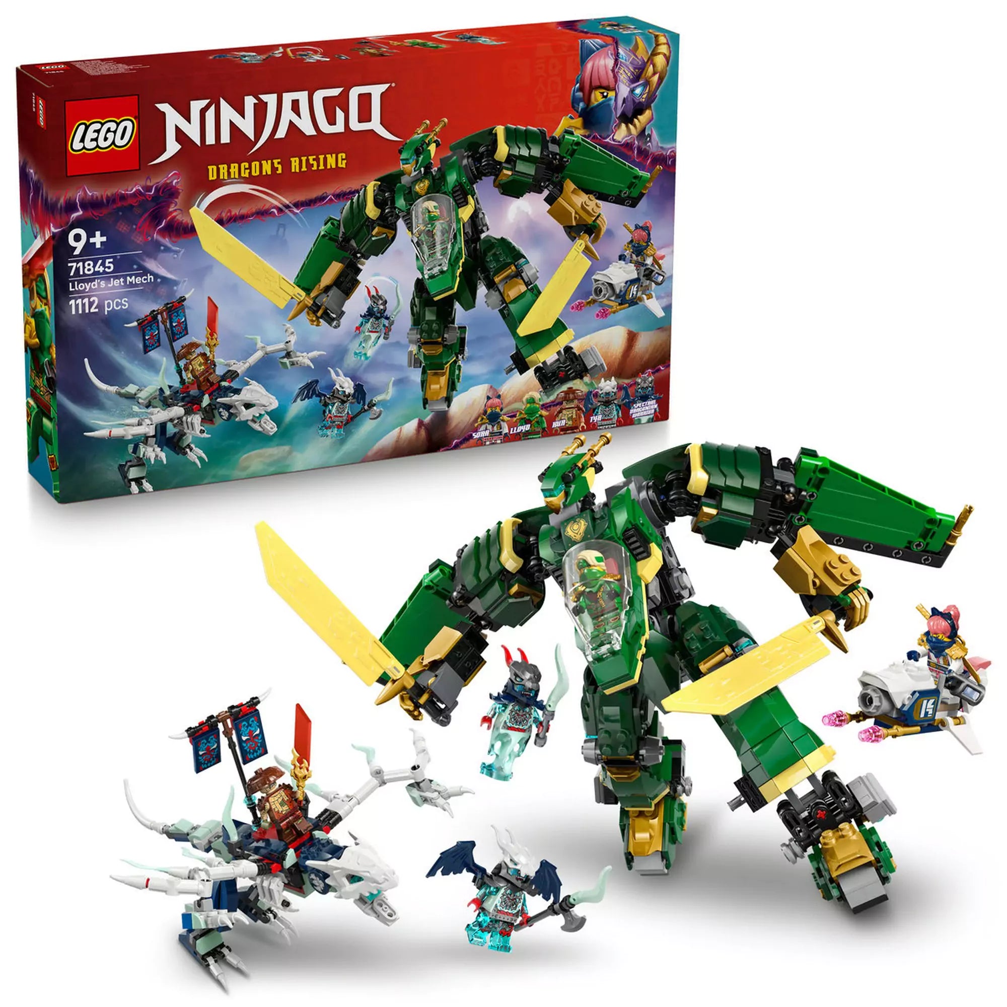 LEGO NINJAGO Lloyd sugárhajtású robotja (71845) kiállítva a dobozzal együtt, a figurák és kiegészítők körülötte.