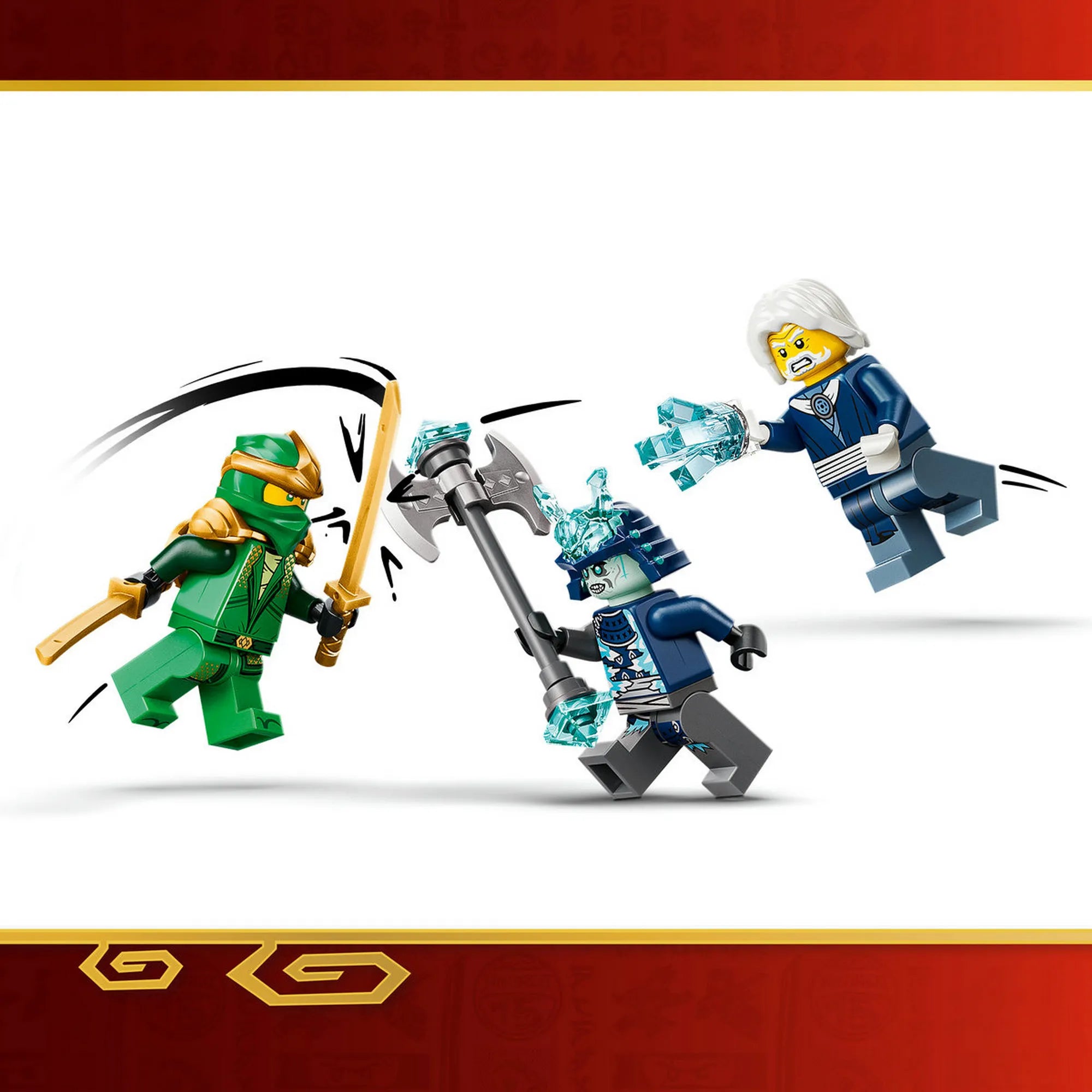 LEGO Ninjago: Lloyd titánpáncélja a 15. évfordulóra 71860, 1293 darabos – Lloyd minifigura karddal harcol egy jég harcossal és egy energiával támadó ellenféllel.