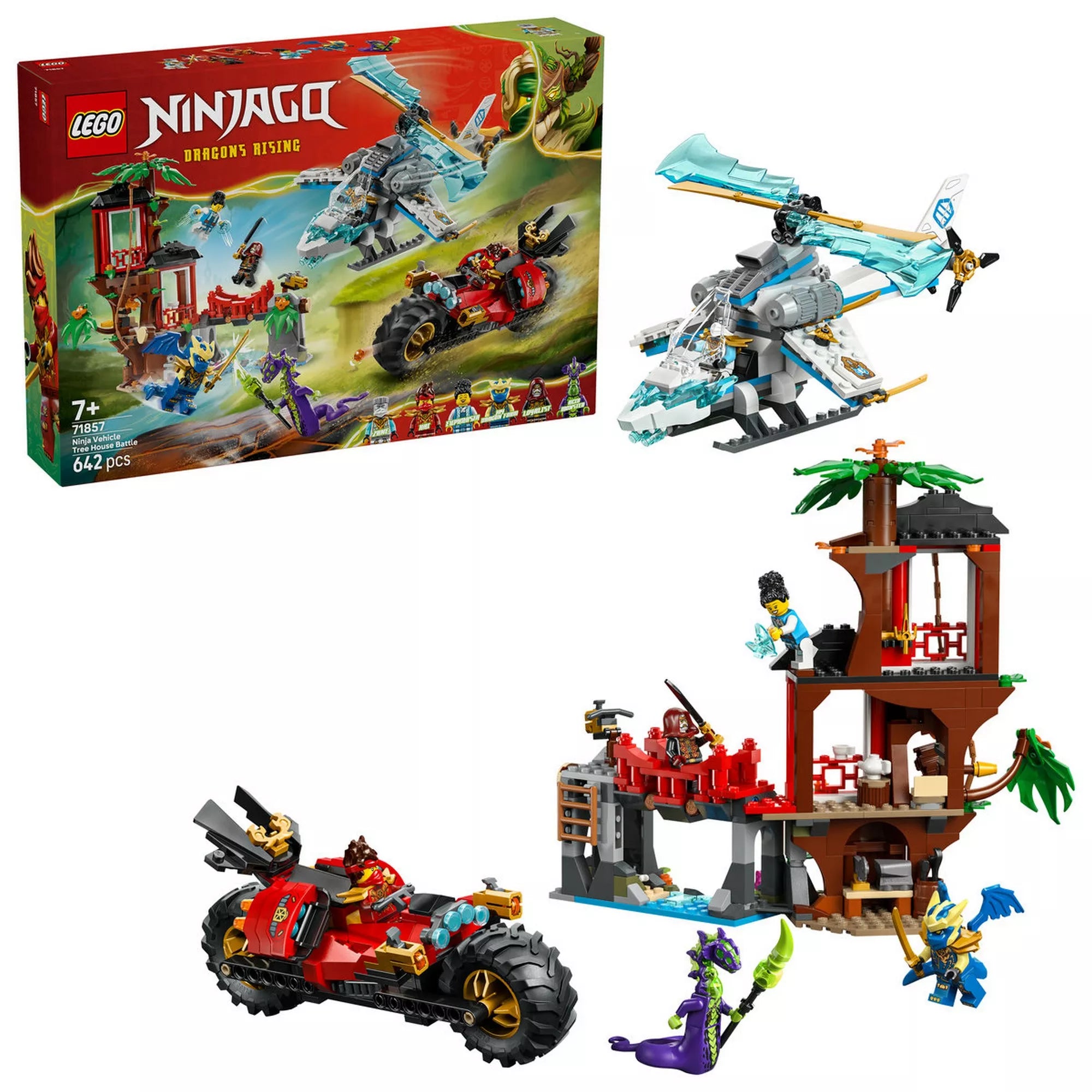 A LEGO NINJAGO 71857 készlet doboza és a megépített modellek fehér háttéren: a lombház, a helikopter, a piros ninja motor és a minifigurák külön-külön bemutatva.