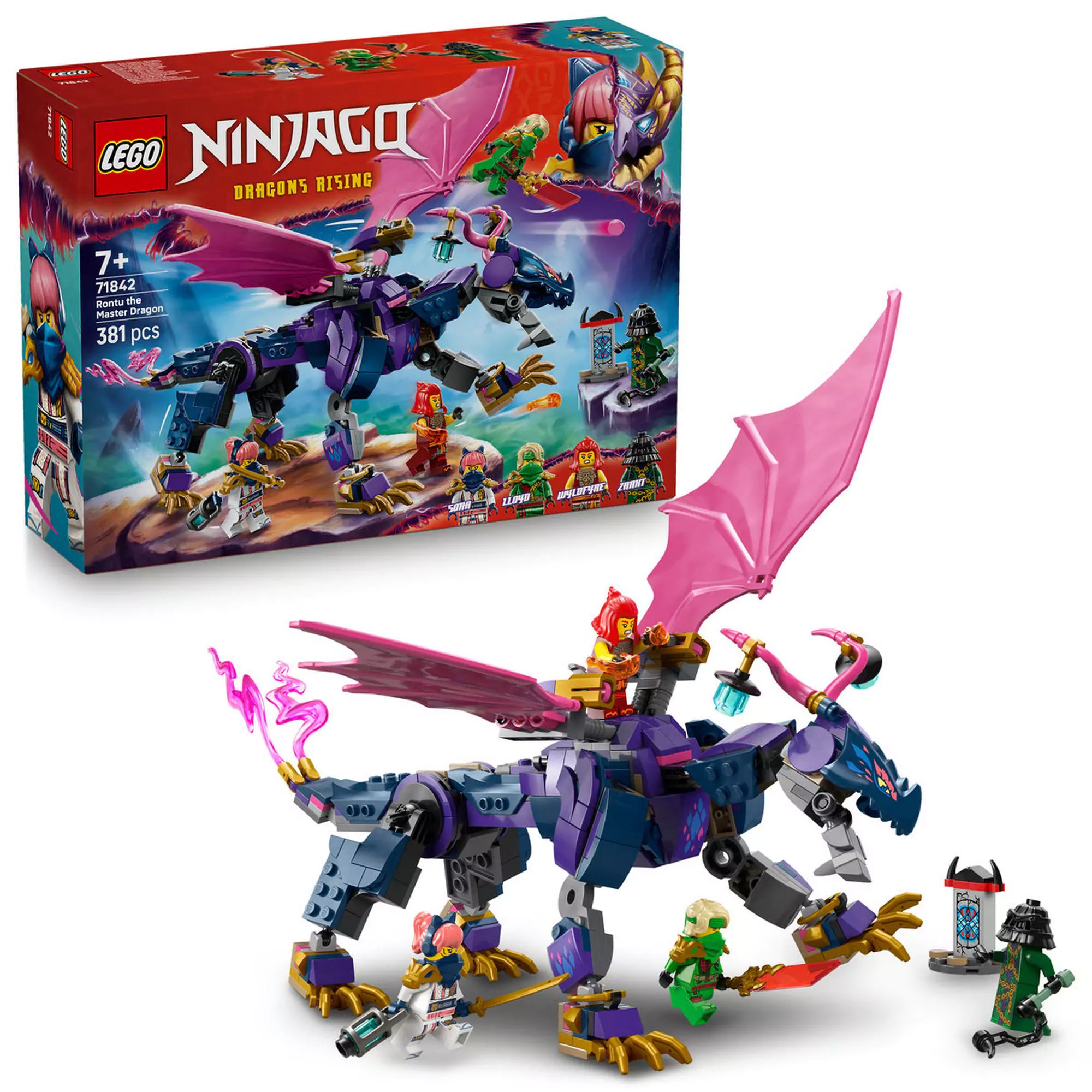 LEGO Ninjago: Rontu, a sárkánymester (71842) termékdoboz és a teljesen megépített sárkány a minifigurákkal együtt.