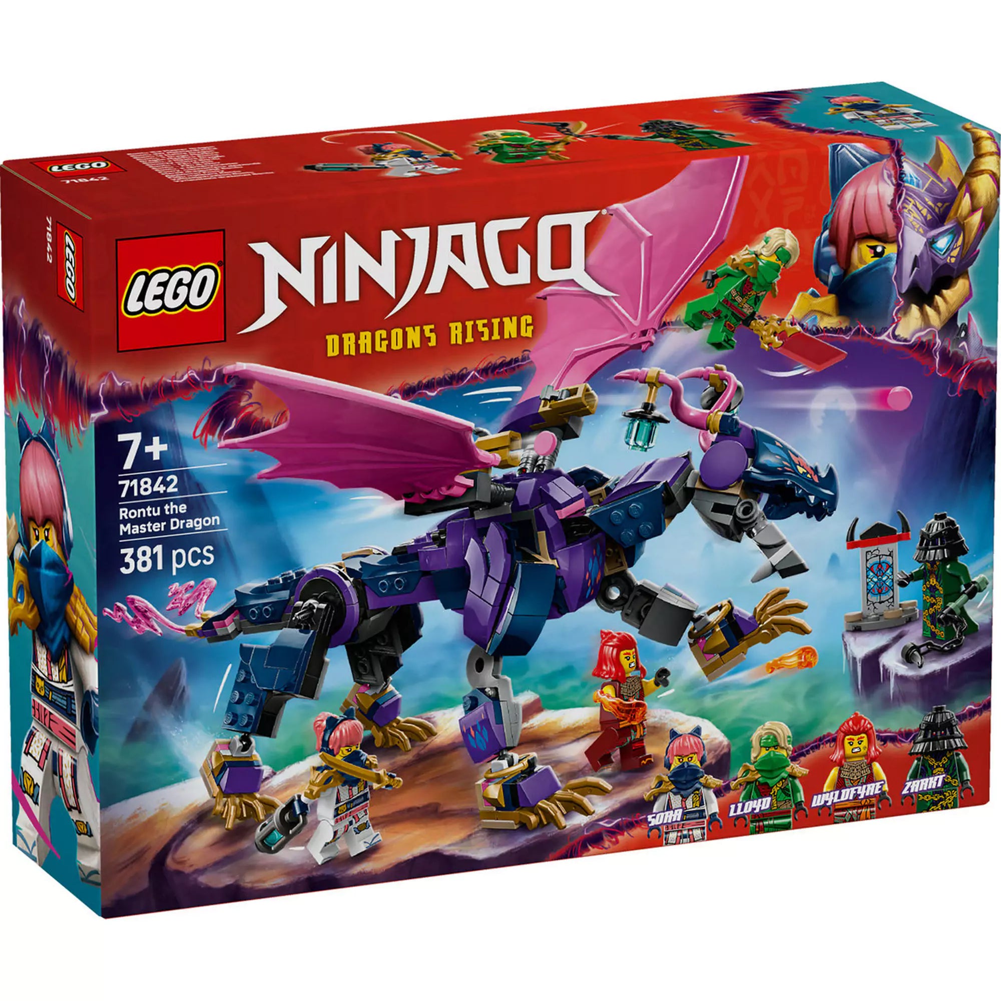 Dobozos LEGO Ninjago: Rontu, a sárkánymester (71842) készlet, előtérben a sárkánnyal és a négy minifigurával.