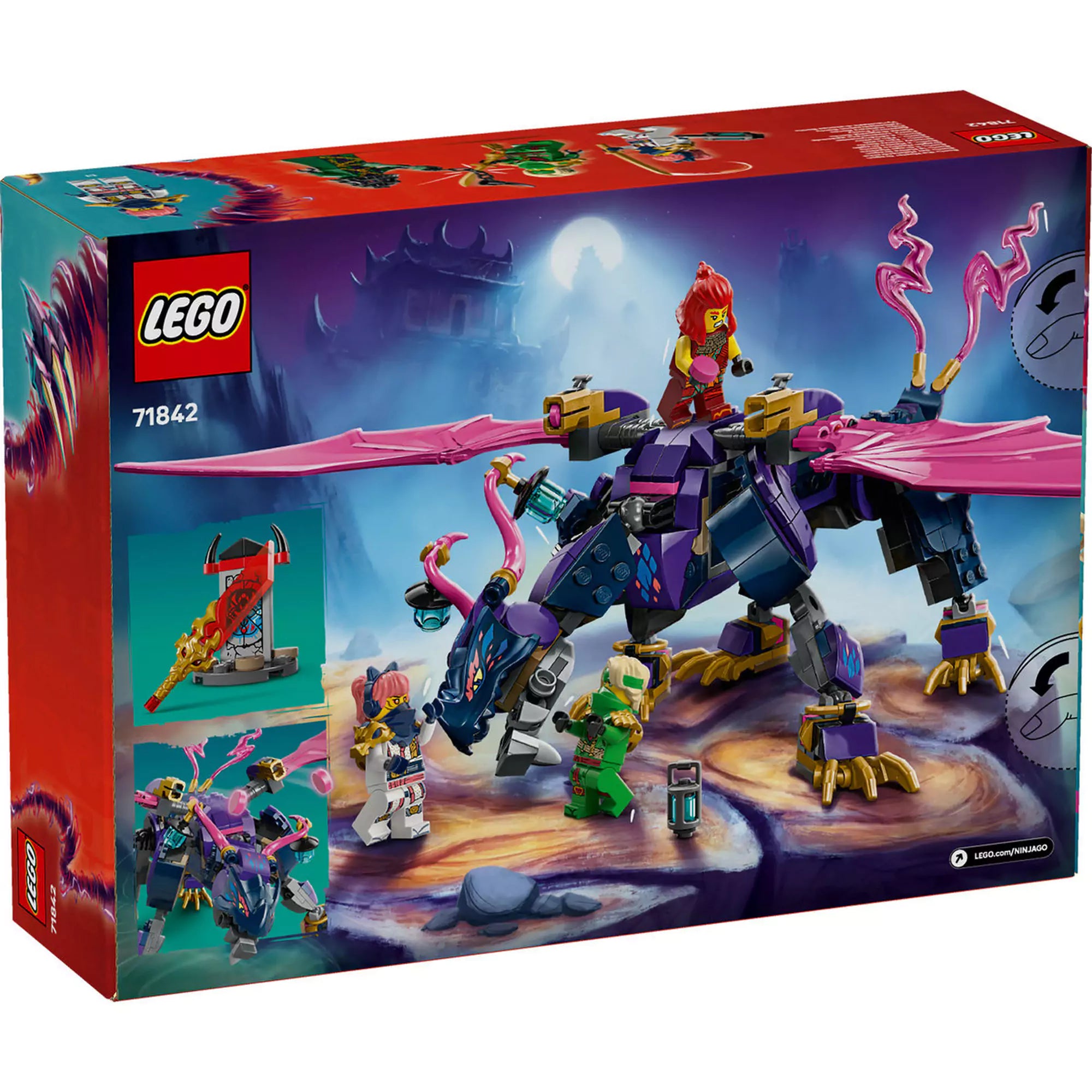 LEGO Ninjago: Rontu, a sárkánymester (71842) doboz hátoldala, a sárkány akcióban és minialtár bemutatása.