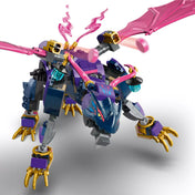 LEGO Ninjago: Rontu, a sárkánymester (71842) részletes, mozgatható sárkányfigura közelről, rózsaszín szárnyakkal és arany karmokkal.