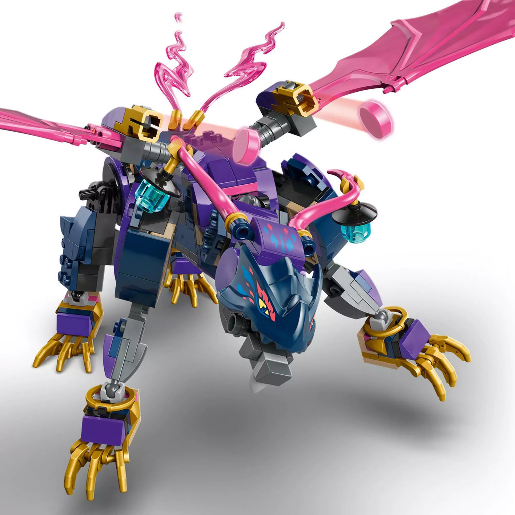 LEGO Ninjago: Rontu, a sárkánymester (71842) részletes, mozgatható sárkányfigura közelről, rózsaszín szárnyakkal és arany karmokkal.