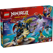  LEGO NINJAGO 71843 Rogue gépmechje és sárkánylovasa dobozkép, látványos háttérrel, a főhősök és a 584 elemes készlet tartalmának illusztrációjával.