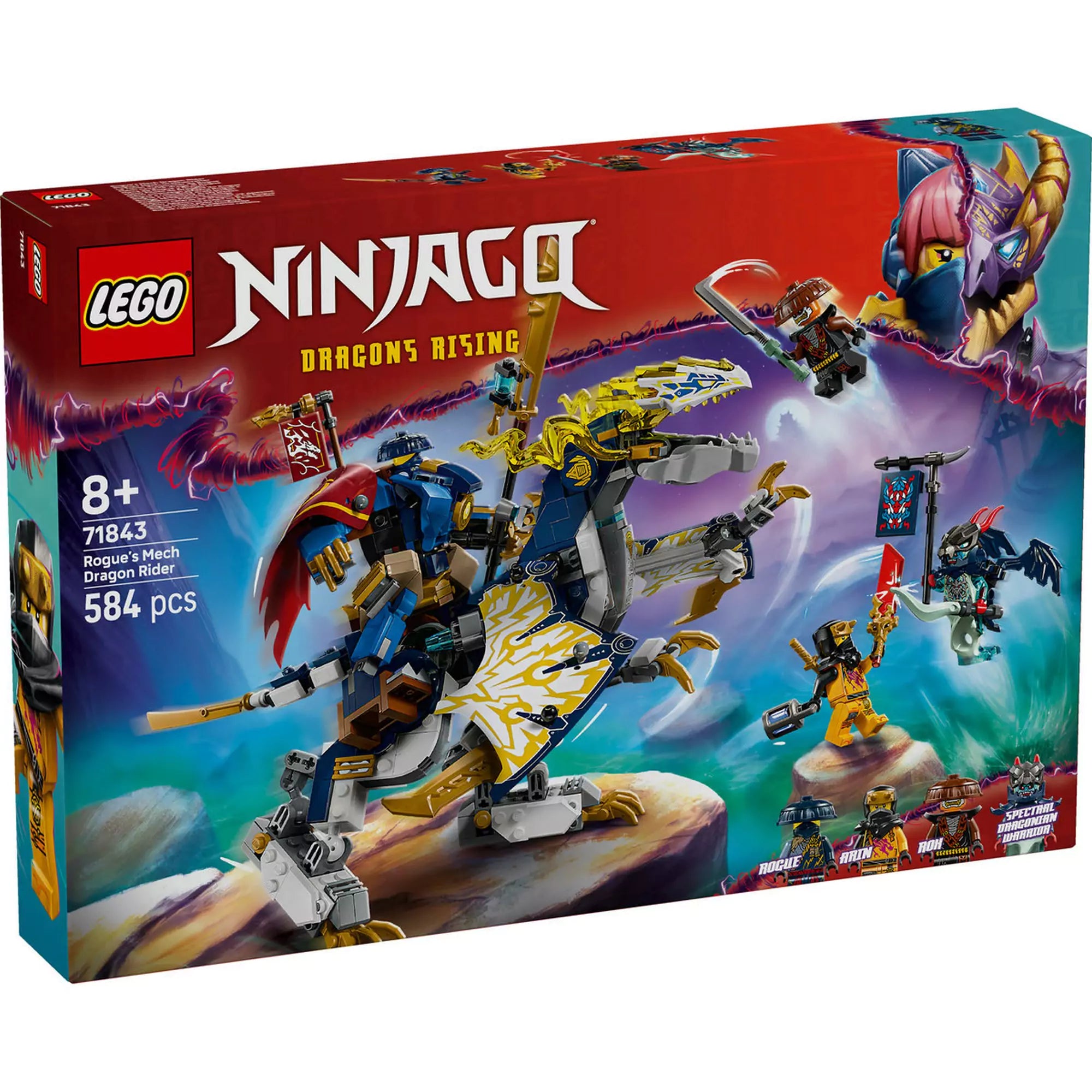  LEGO NINJAGO 71843 Rogue gépmechje és sárkánylovasa dobozkép, látványos háttérrel, a főhősök és a 584 elemes készlet tartalmának illusztrációjával.