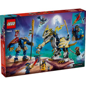 A LEGO NINJAGO 71843 Rogue gépmechje és sárkánylovasa doboz hátoldala, amely bemutatja az akciódús játékhelyzeteket és a készlet szereplőit.