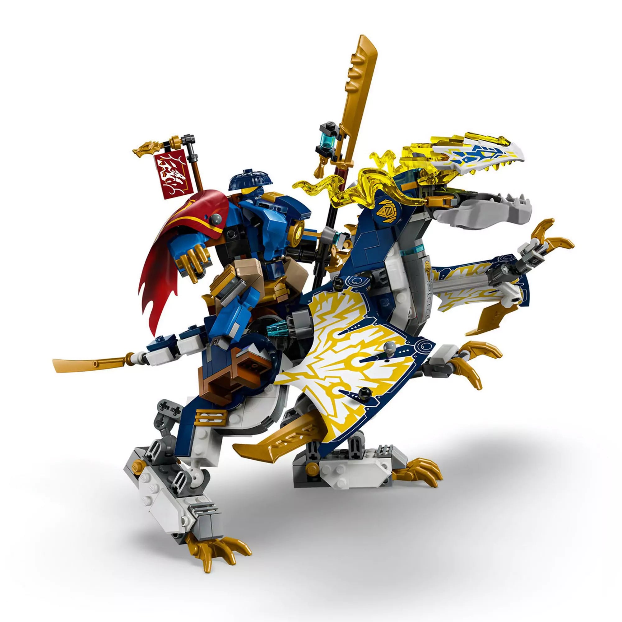  A LEGO NINJAGO 71843 Rogue gépmechje és sárkánylovasa teljesen összeépített modellje, részletesen kidolgozott kék-arany sárkánnyal és lovasával.