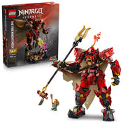 LEGO Ninjago: Tűzlovag harci robot 71846 dobozzal és teljes jelenettel, Kai minifigurával és halász karakterrel együtt.