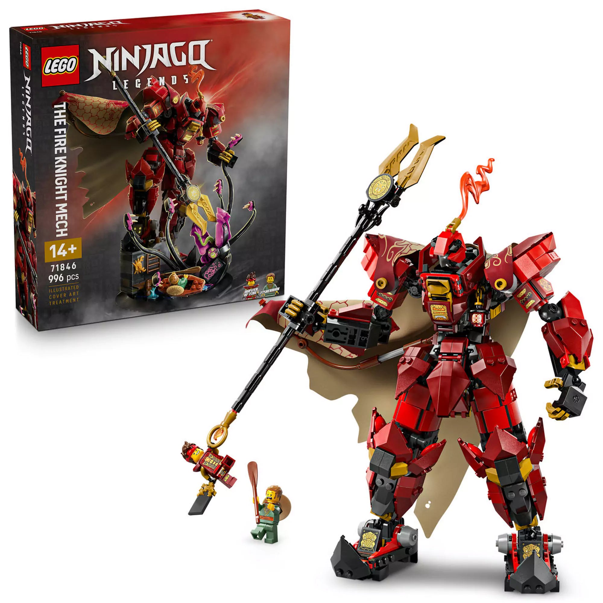 LEGO Ninjago: Tűzlovag harci robot 71846 dobozzal és teljes jelenettel, Kai minifigurával és halász karakterrel együtt.