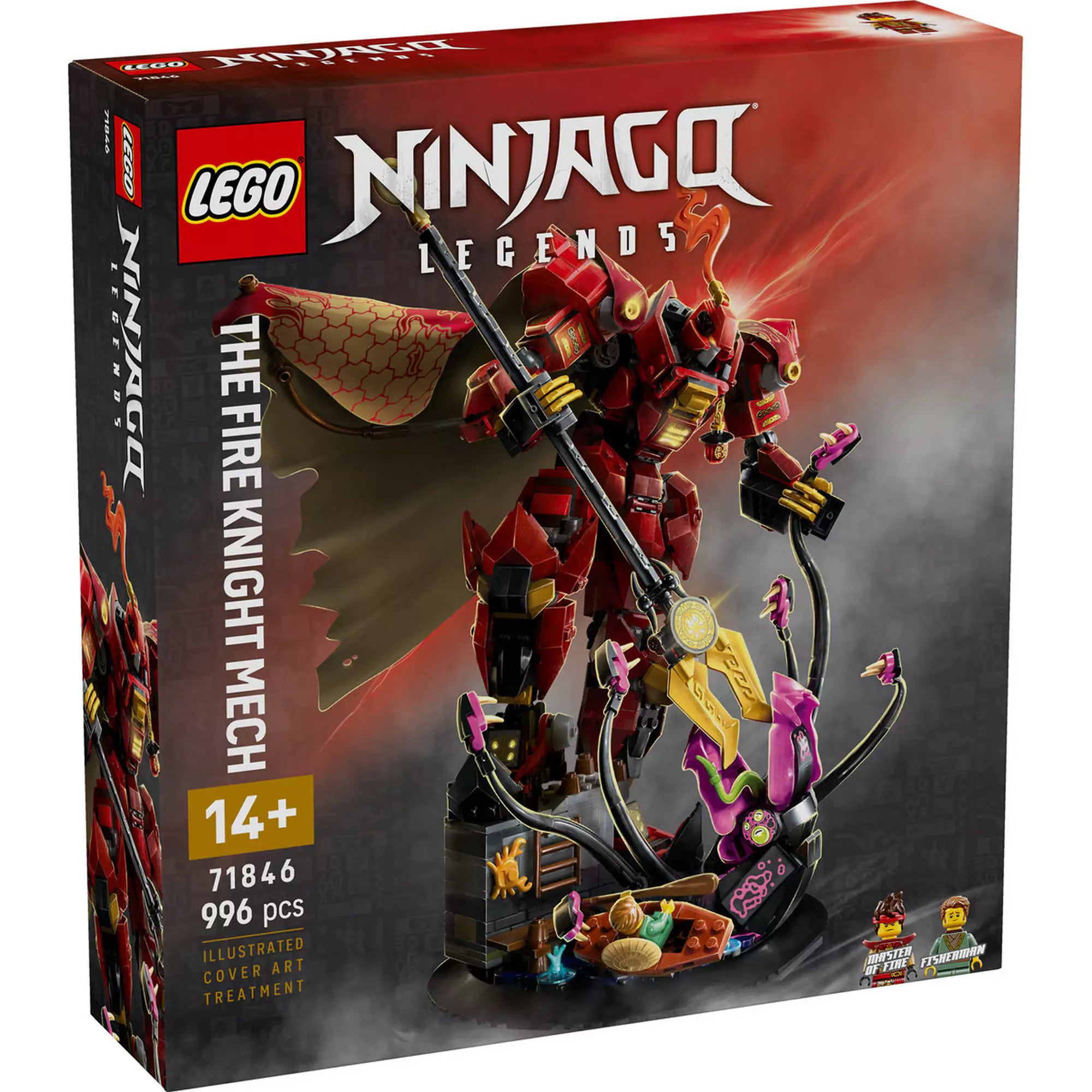 LEGO Ninjago: Tűzlovag harci robot 71846 dobozkép, vörös páncélos robot lándzsával és köpenyben, tengerből támadó szörnnyel szemben.