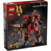 LEGO Ninjago: Tűzlovag harci robot 71846 hátoldali dobozkép, robot közelről, Kai és halász minifigurákkal, méretjelzéssel.