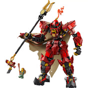 LEGO Ninjago: Tűzlovag harci robot 71846 játék közben, robot lándzsával, Kai a robot fegyverén lóg, halász evezővel a kezében.