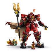 LEGO Ninjago: Tűzlovag harci robot 71846 teljesen összerakott modell, Kai karddal és halász csónakban.