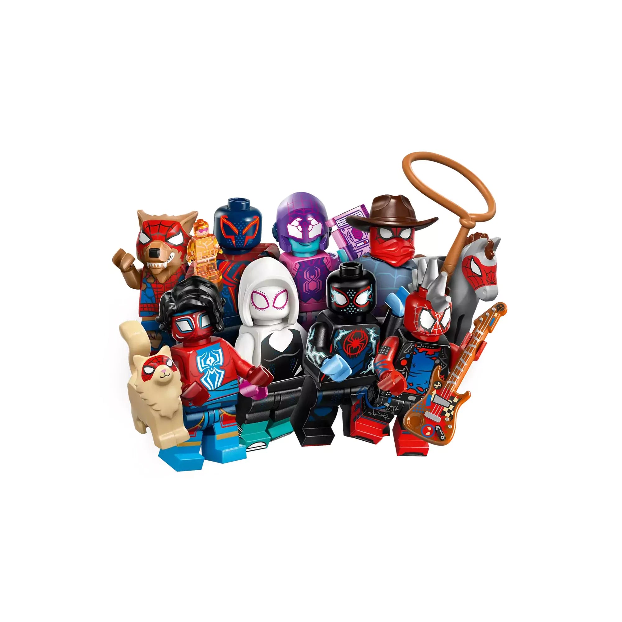 LEGO Minifigurák Spider-Man: A Pókverzumon át (71050) teljes kollekció 12 különleges figurával, köztük Miles Morales, Gwen Stacy és Spider-Punk.