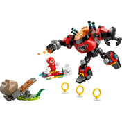  Knuckles a légdeszkán támadja a LEGO 77005 piros Egg Crusher Mech robotot a gyűrűk és a katapult mellett.