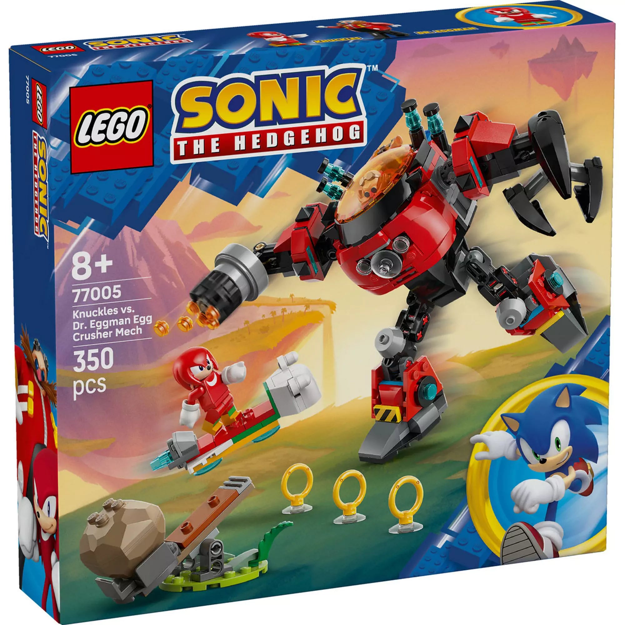 A LEGO Sonic the Hedgehog Knuckles vs. Dr. Eggman Egg Crusher Mech (77005) színes doboza Knuckles figurájával és a piros robot mech-kel.
