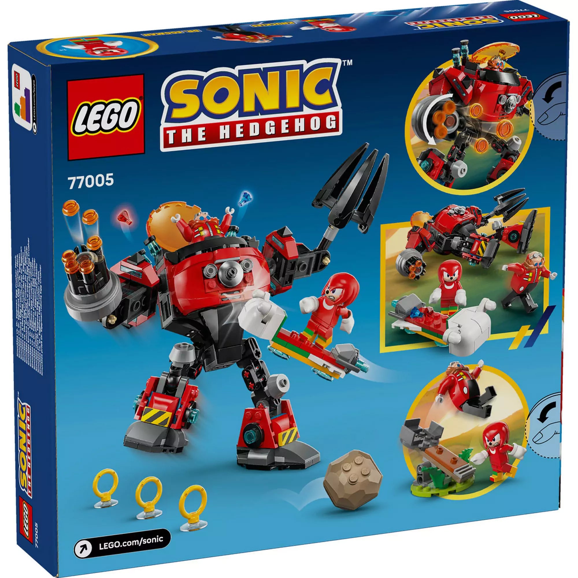 A LEGO 77005 készlet hátlapja a játéklehetőségeket, mozgatható mech-et és arany gyűrűket mutatja.