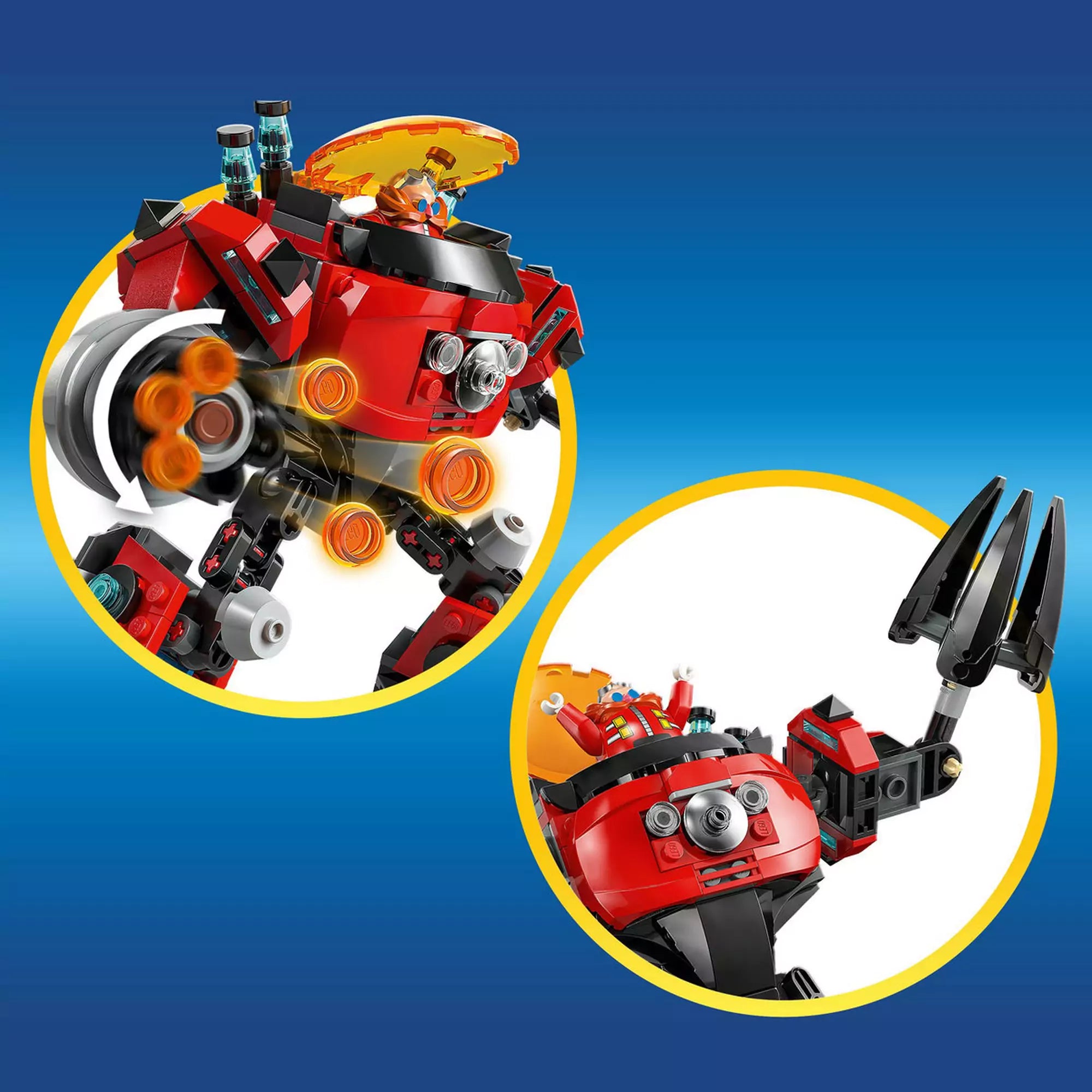 A LEGO 77005 Egg Crusher Mech mozgatható karjai és a kilövő funkciók részletesen bemutatva.