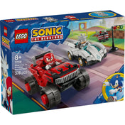 LEGO Sonic the Hedgehog: Silver autója Knuckles monster truckja ellen, 77118, 378 darabos doboz elölnézet, Silver és Knuckles járművei verseny közben.