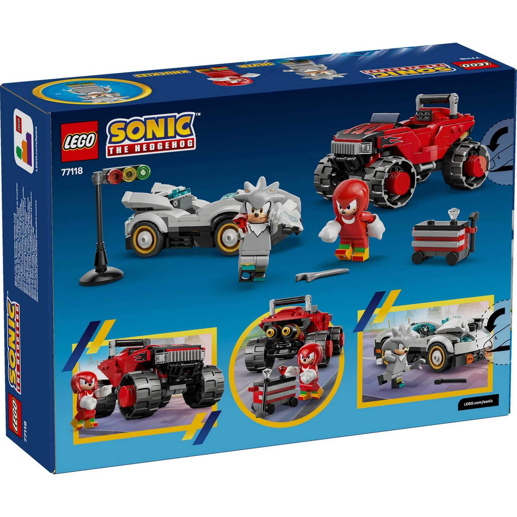 LEGO Sonic the Hedgehog: Silver autója Knuckles monster truckja ellen, 77118, 378 darabos doboz hátoldal, játéklehetőségek és kiegészítők bemutatása.