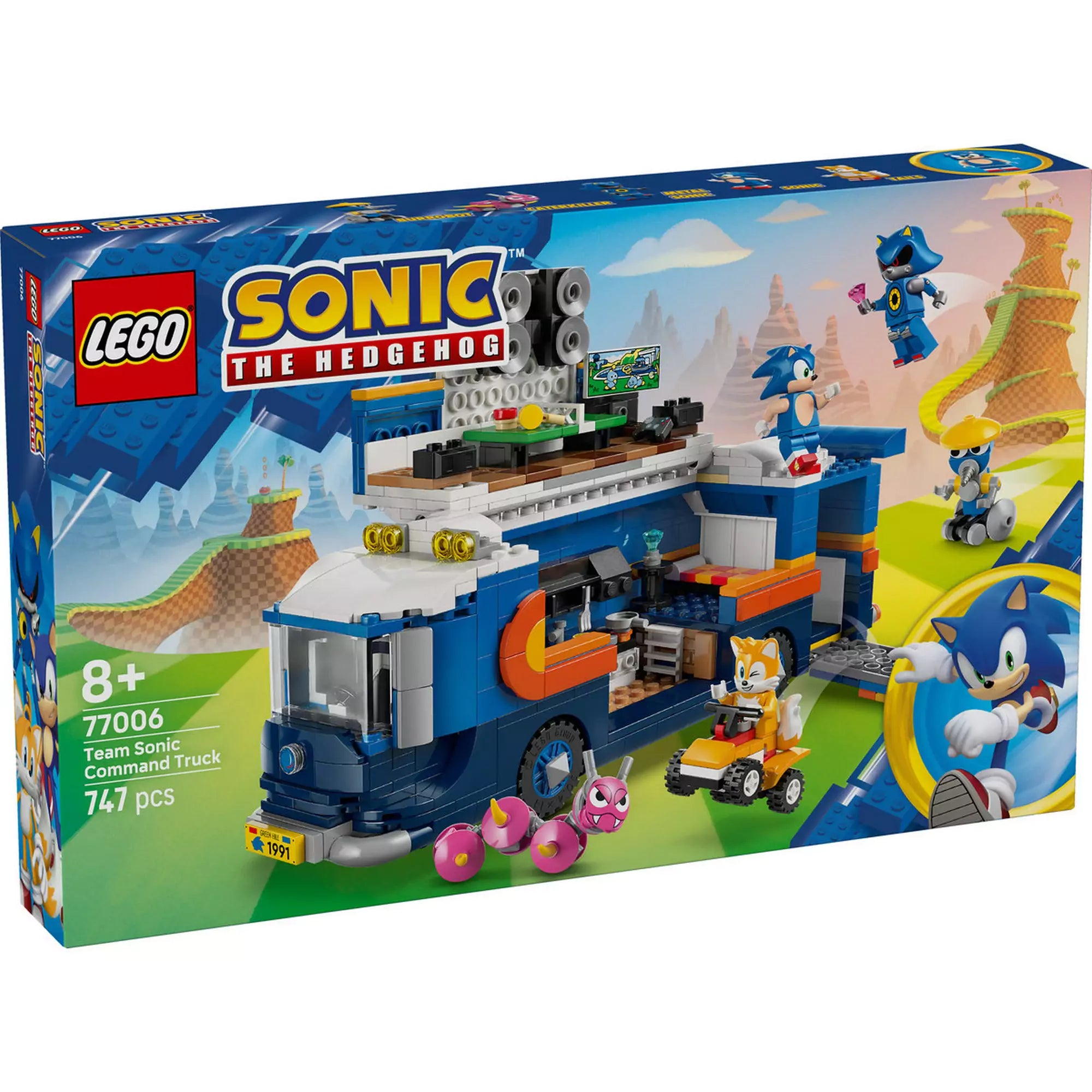 LEGO Sonic the Hedgehog 77006 Team Sonic parancsnoki kamion dobozkép, a játékkamionnal, figurákkal és kiegészítőkkel.
