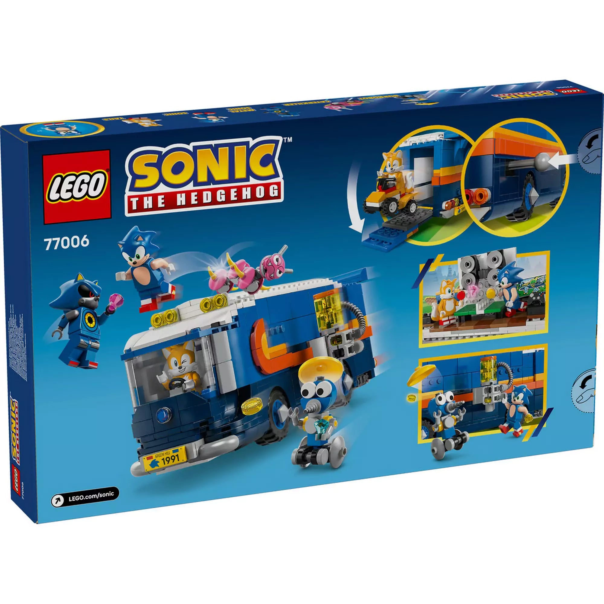 LEGO Sonic the Hedgehog 77006 Team Sonic parancsnoki kamion hátoldali dobozkép, a játékkamion funkcióinak és figuráinak bemutatásával.