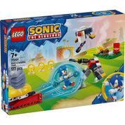 A LEGO Sonic the Hedgehog 'Sonic's Campfire Clash' (77001) készlet doboza, amely 177 darabból áll, és tartalmazza Sonicot, robotokat és gyűrűket