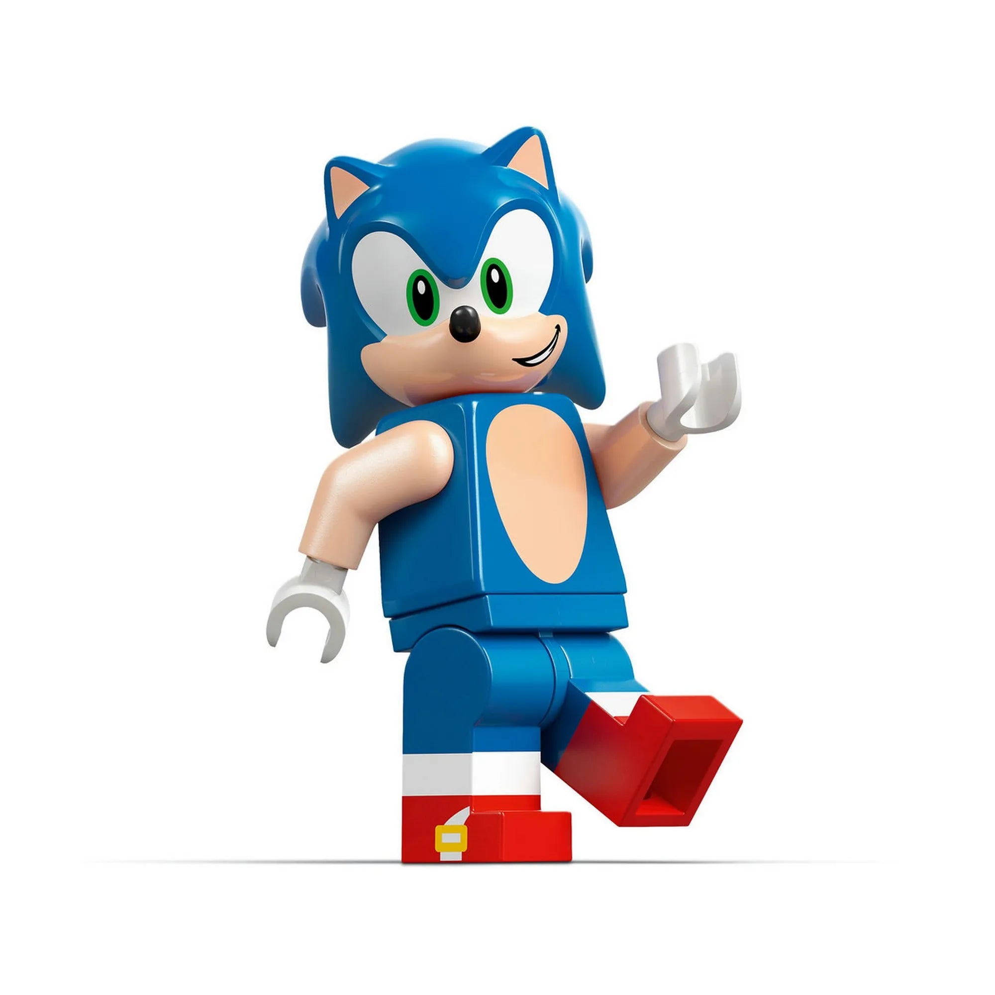 LEGO Sonic the Hedgehog Sonic Speedster Lightning (77117) Sonic minifigura közelről, ikonikus kék dizájnnal és piros cipőkkel.