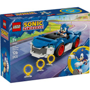 LEGO Sonic the Hedgehog Sonic Speedster Lightning (77117) dobozképe Sonic figurával és kék versenyautóval, arany gyűrűkkel.