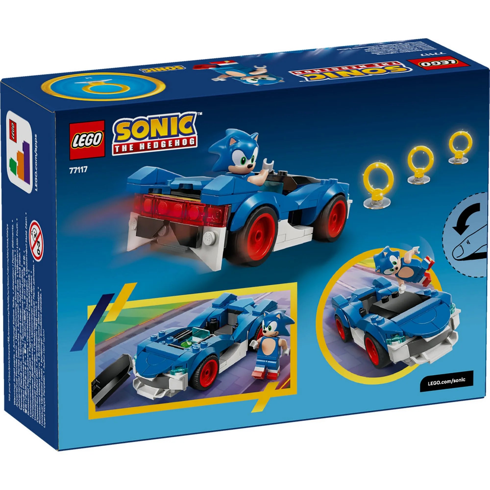 LEGO Sonic the Hedgehog Sonic Speedster Lightning (77117) doboz hátoldala az autó játékfunkcióival és Sonic minifigurával.
