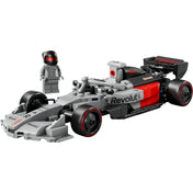 LEGO Speed Champions Audi Revolut F1 Team R26 versenyautó minifigurával, részletgazdag Formula 1 LEGO modell fekete-piros színben.