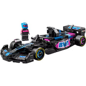 LEGO Speed Champions BWT Alpine F1 Team A524 versenyautó és pilóta minifigura közelről.
