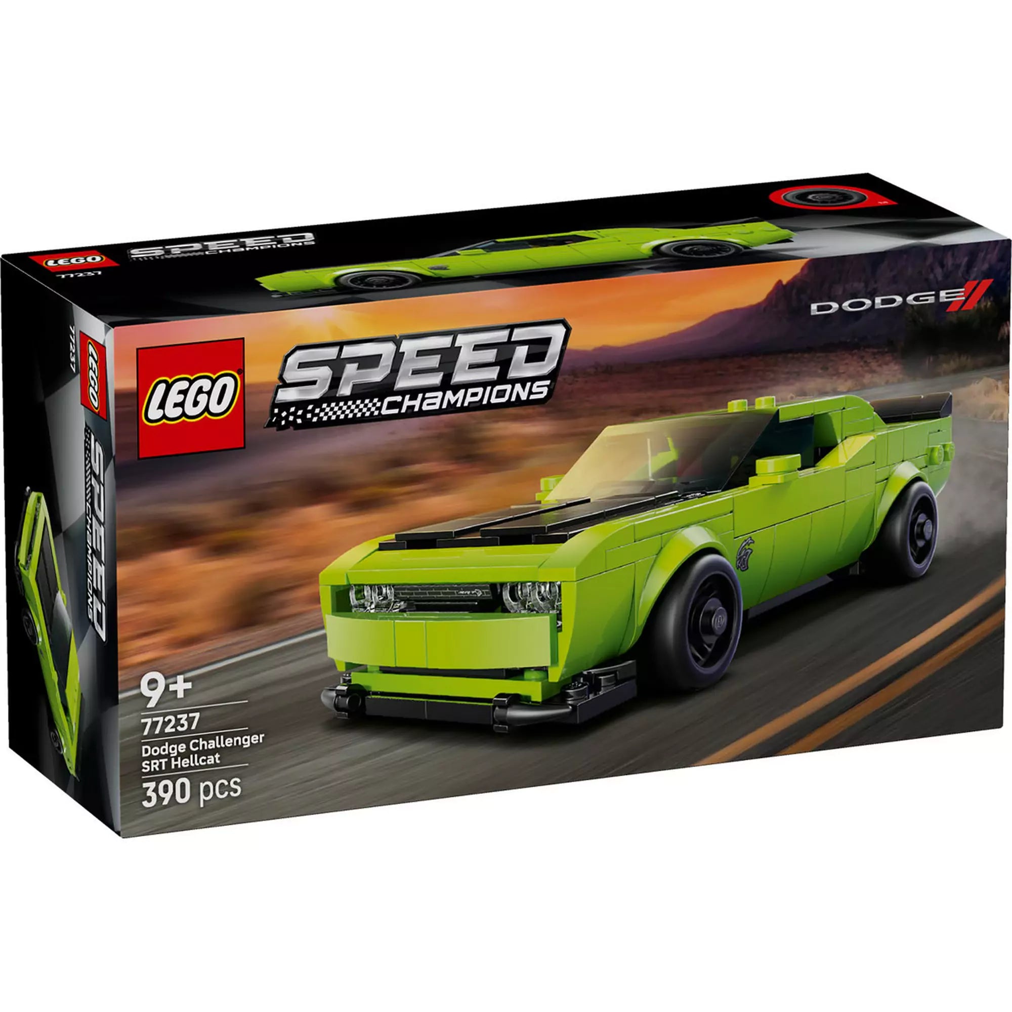 LEGO Speed Champions Dodge Challenger SRT Hellcat (77237) doboz elölnézet, zöld sportautó száguld az úton.