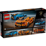 A LEGO Speed Champions 77238 készlet dobozának hátlapja, rajta a kék és narancssárga Lamborghini modellek és a valós autók fotói.
