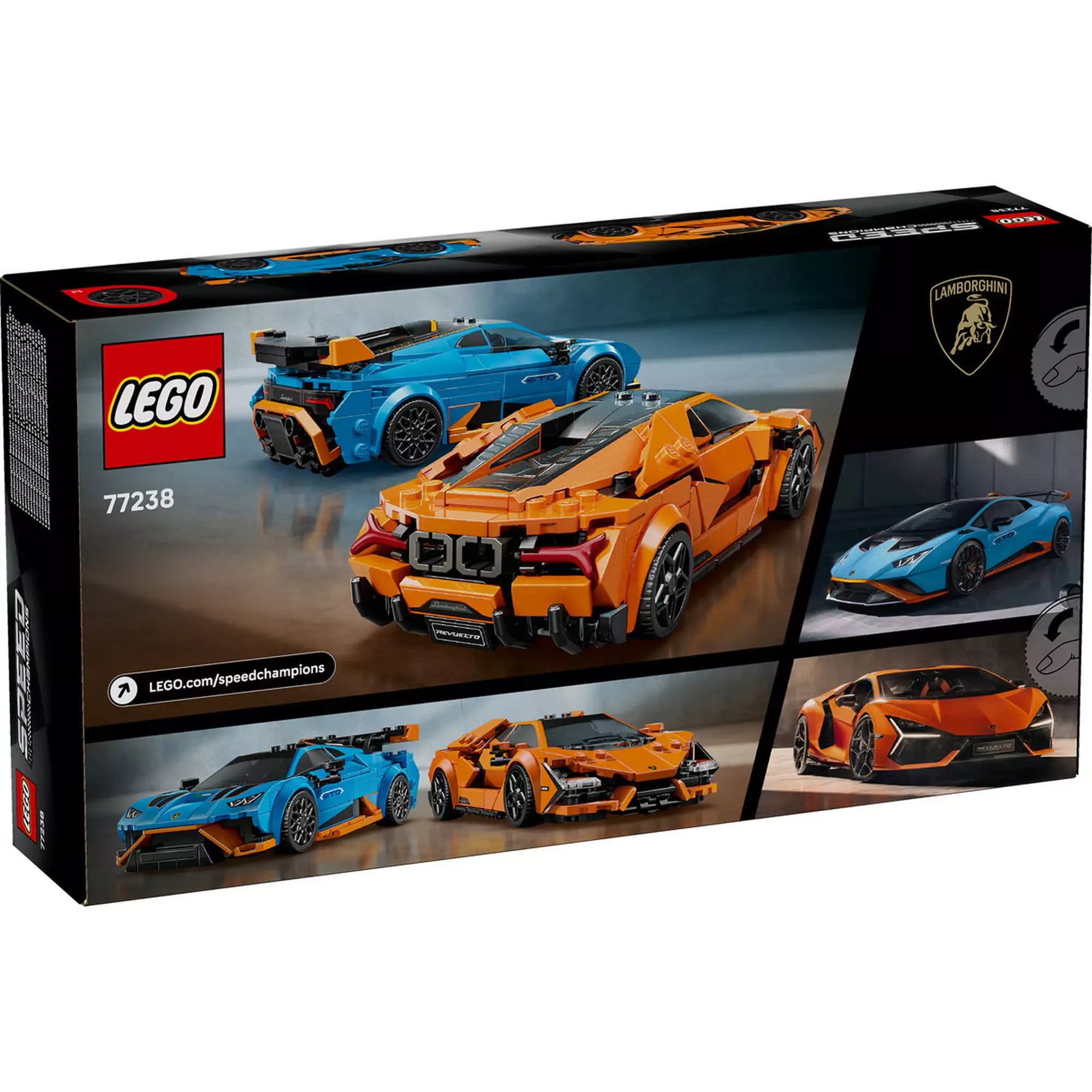A LEGO Speed Champions 77238 készlet dobozának hátlapja, rajta a kék és narancssárga Lamborghini modellek és a valós autók fotói.