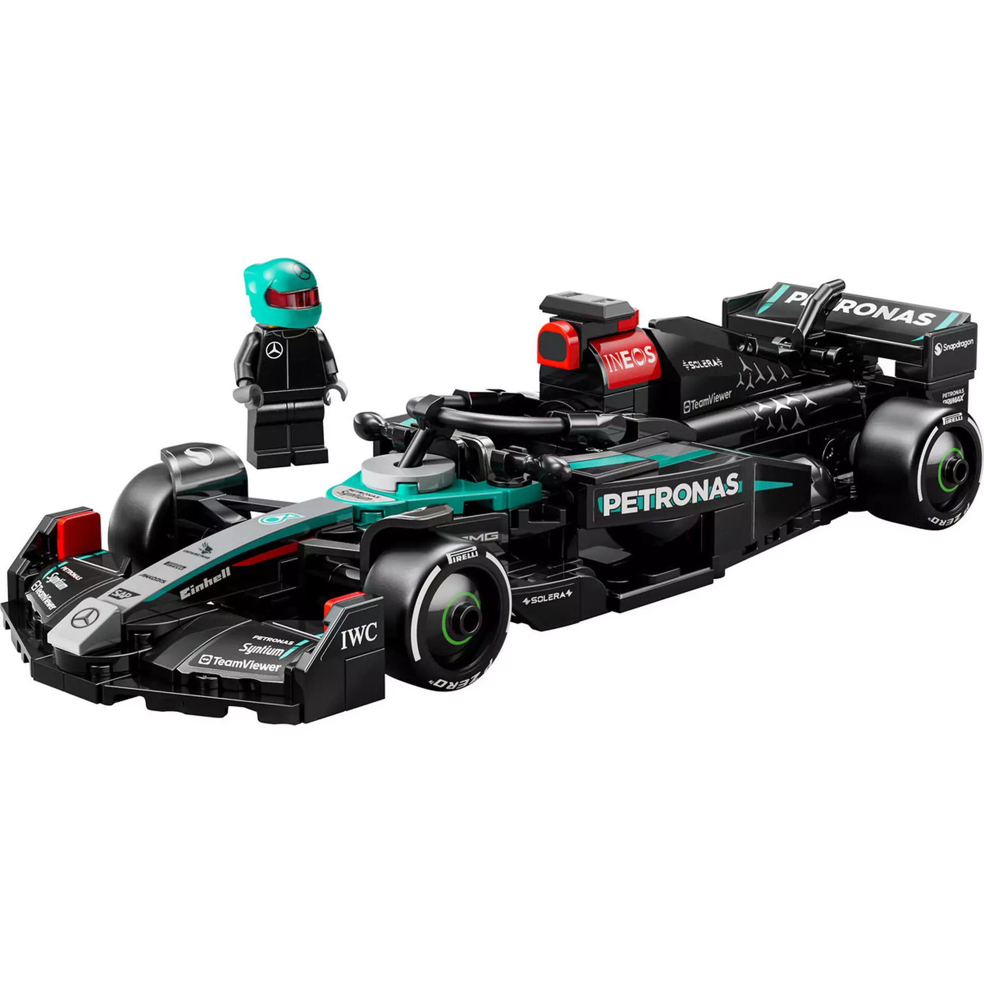 LEGO Speed Champions Mercedes-AMG F1 W15 versenyautó és pilóta minifigura részletgazdag közelképe.